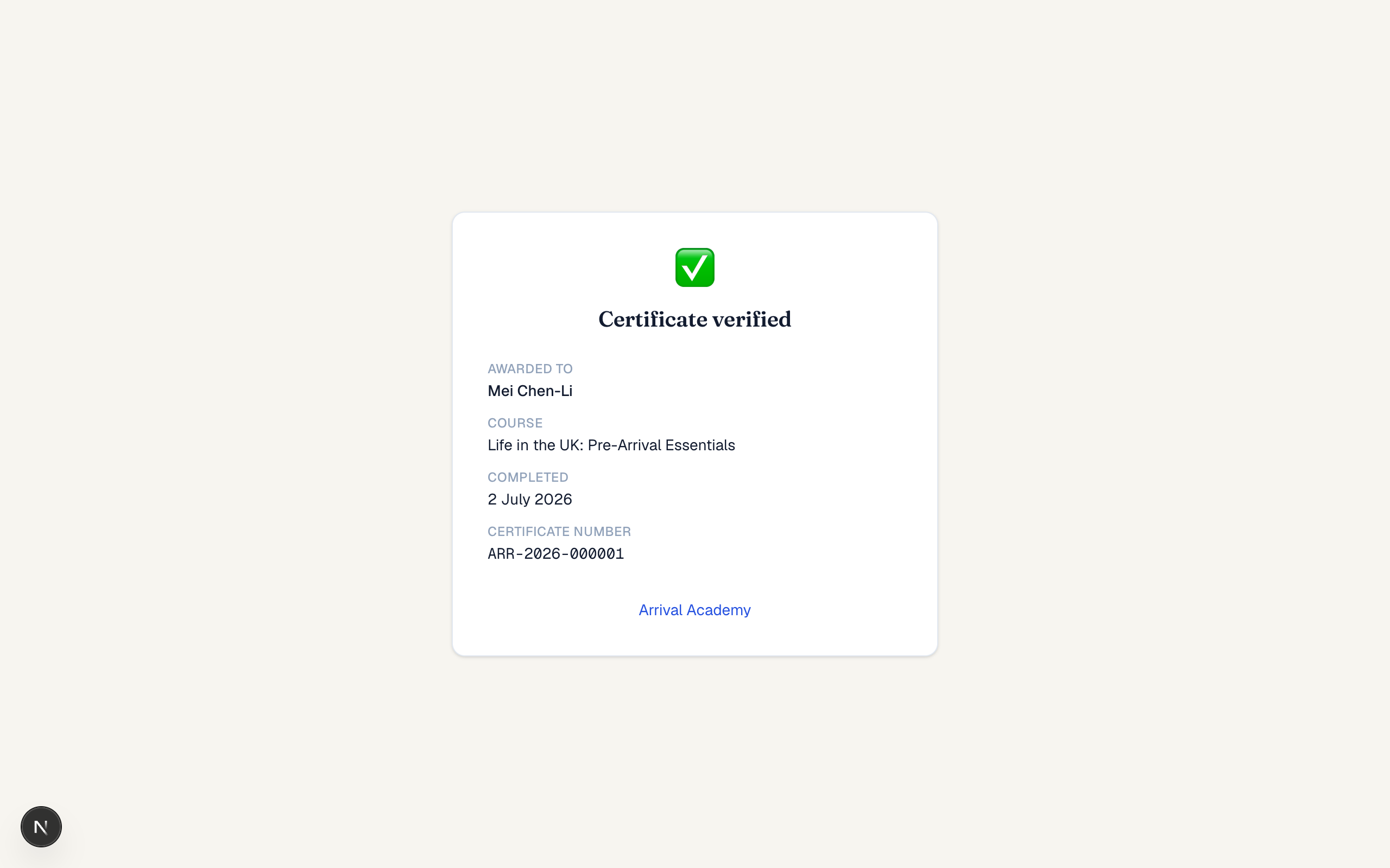 A verifiable Arrival Academy certificate
